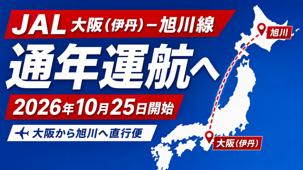 JAL大阪（伊丹）―旭川線が2026年10月25日から通年運航することを伝える案内画像
